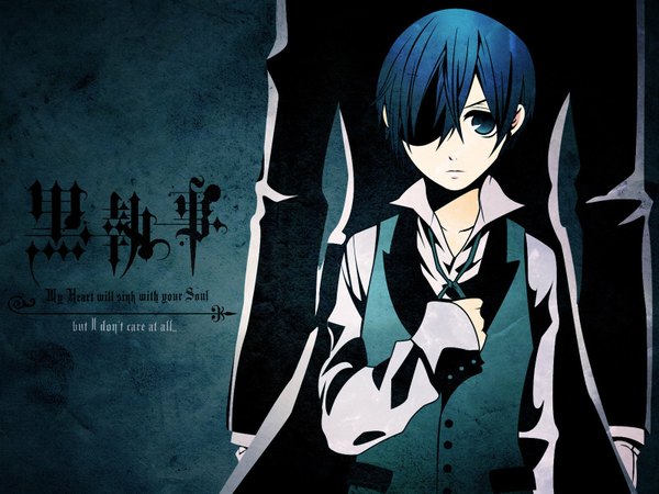 Anime picture 1600x1200 with kuroshitsuji a-1 pictures sebastian michaelis ciel phantomhive looking at viewer short hair blue eyes blue hair boy shirt eyepatch vest suit