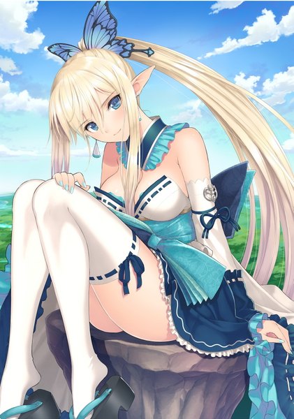 Anime picture 1281x1824 with shining (series) shining resonance kirika towa alma tony taka single tall image looking at viewer blue eyes light erotic blonde hair sitting bare shoulders sky cloud (clouds) ponytail very long hair pointy ears official art elf girl