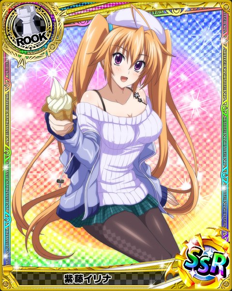 Anime picture 640x800 with highschool dxd shidou irina single tall image looking at viewer blush open mouth brown hair twintails purple eyes bare shoulders very long hair card (medium) girl skirt miniskirt pantyhose food sweets sweater