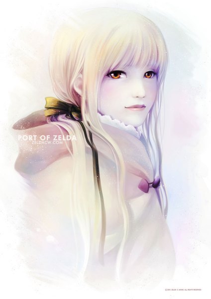 Anime picture 800x1131 with original mythology demeter zelda c. wang single long hair tall image blush fringe simple background blonde hair smile blunt bangs orange eyes turning head portrait white skin goddess girl ribbon (ribbons)