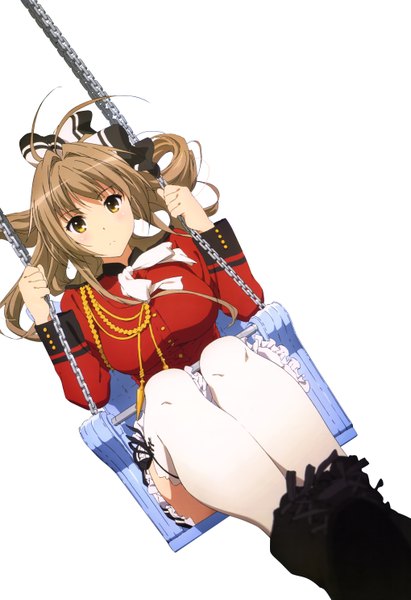 Anime picture 4075x5936 with amagi brilliant park kyoto animation sento isuzu single long hair tall image looking at viewer highres simple background brown hair white background brown eyes absurdres ponytail scan girl thighhighs white thighhighs boots carousel