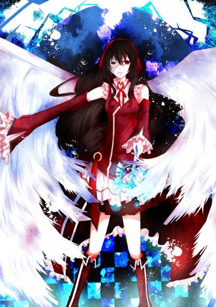 Anime picture 1745x2479 with original maze (x12345x20022) single long hair tall image looking at viewer highres black hair red eyes girl dress detached sleeves wings boots hairband mask