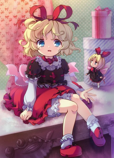 Anime picture 1024x1424 with touhou medicine melancholy su-san amo tall image short hair blue eyes blonde hair sitting multiple girls looking away fairy girl dress bow 2 girls hair bow wings socks white socks