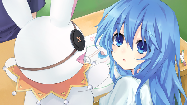 Anime picture 1280x720 with date a live yoshino (date a live) yoshinon long hair open mouth blue eyes wide image blue hair game cg loli girl toy stuffed animal hand puppet