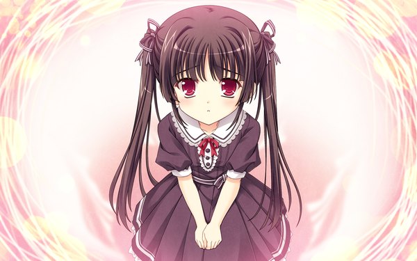 Anime picture 1280x800 with shitsuji ga aruji wo erabu toki katsuranomiya saya ankoromochi long hair looking at viewer black hair red eyes wide image twintails game cg loli girl dress ribbon (ribbons) hair ribbon