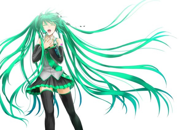 Anime picture 1100x778 with vocaloid hatsune miku single open mouth simple background white background twintails eyes closed very long hair aqua hair singing girl thighhighs black thighhighs detached sleeves necktie