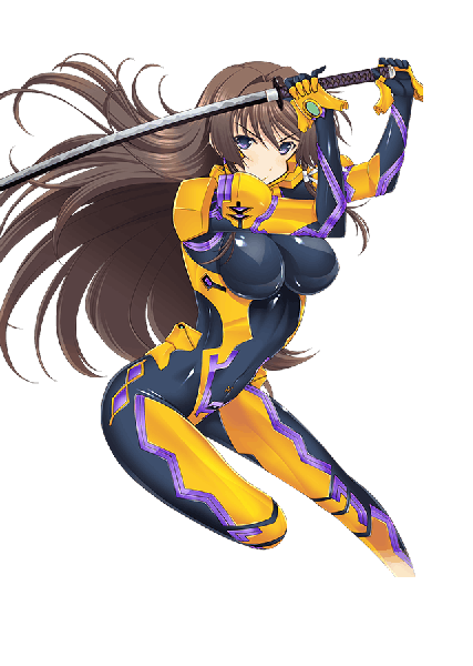 Anime picture 640x900 with muv-luv alternative muvluv total eclipse muv-luv takamura yui single long hair tall image looking at viewer fringe breasts light erotic brown hair large breasts purple eyes bent knee (knees) transparent background arched back fighting stance shiny clothes girl
