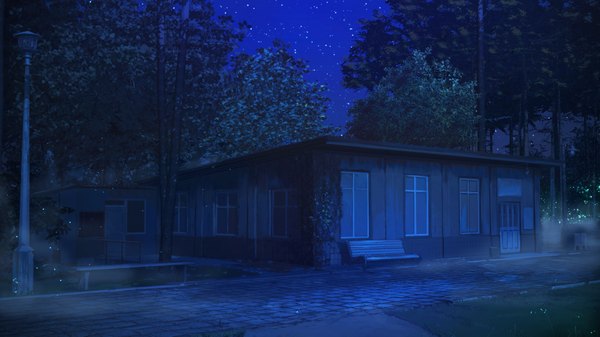 Anime picture 1920x1080 with everlasting summer iichan eroge arsenixc vvcephei highres wide image game cg night wallpaper dark background no people scenic collaboration camp plant (plants) tree (trees) window insect building (buildings) star (stars)