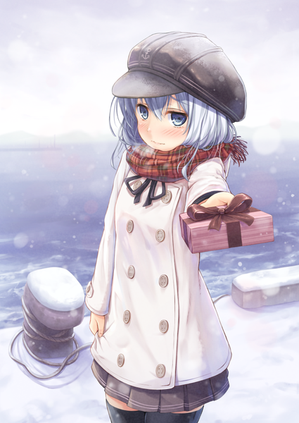 Anime picture 680x960 with kantai collection hibiki destroyer ouka (ra-raradan) single long hair tall image looking at viewer blush standing blue hair pleated skirt light smile embarrassed outstretched arm snowing winter snow exhalation valentine girl