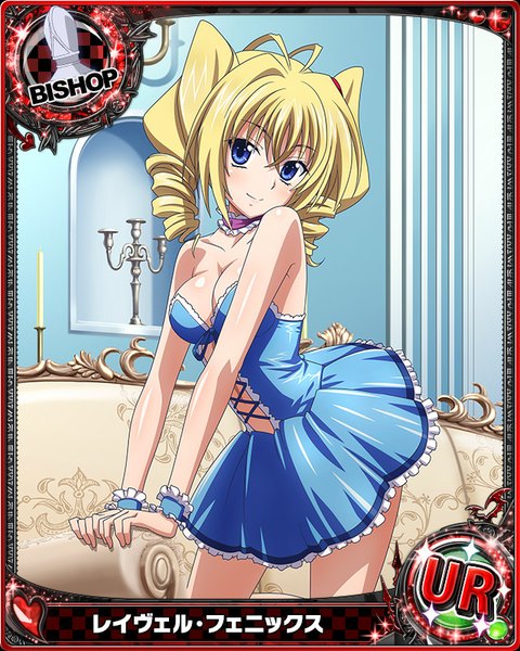 Anime picture 640x800 with highschool dxd ravel phenex single long hair tall image looking at viewer blue eyes light erotic blonde hair twintails drill hair card (medium) girl dress
