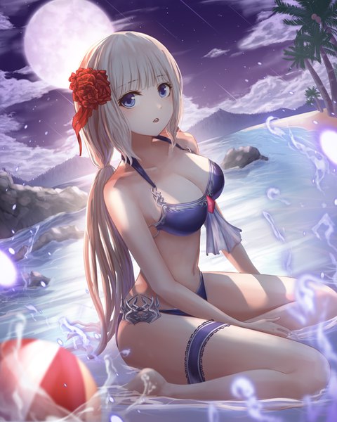 Anime picture 2800x3500 with original gya (144) single long hair tall image looking at viewer blush highres breasts blue eyes light erotic blonde hair sitting bare shoulders cloud (clouds) hair flower night bare belly :o dutch angle