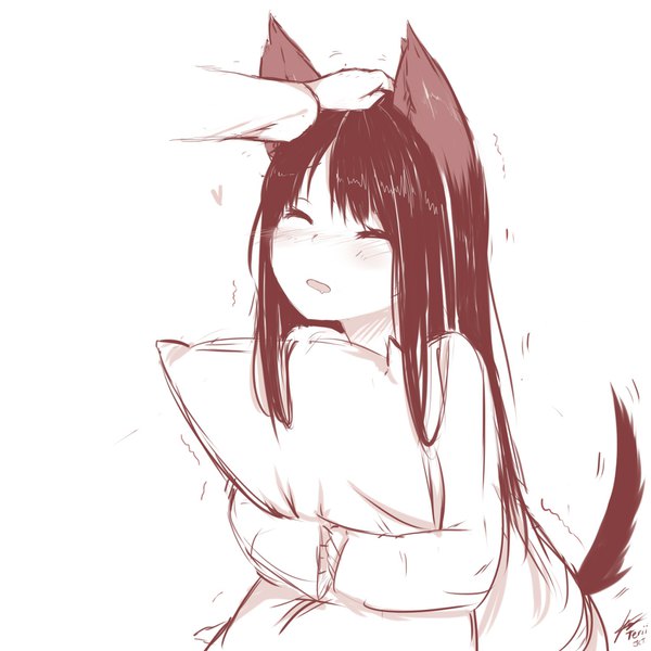 Anime picture 1700x1700 with original teriibol long hair blush fringe open mouth holding signed animal ears tail eyes closed long sleeves animal tail inscription embarrassed monochrome solo focus saliva wolf ears wolf tail