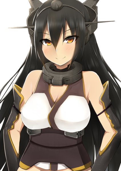 Anime picture 1239x1753 with kantai collection nagato battleship armor pillow single long hair tall image looking at viewer blush black hair simple background smile white background bare shoulders brown eyes girl hair ornament