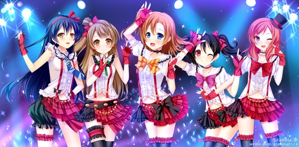 Anime picture 1500x742 with love live! school idol project sunrise (studio) love live! nishikino maki yazawa nico minami kotori sonoda umi kousaka honoka grandia bing long hair blush short hair open mouth blue eyes black hair red eyes brown hair wide image purple eyes twintails