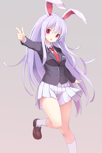 Anime picture 685x1024 with touhou reisen udongein inaba 40cabbage single long hair tall image open mouth simple background hair between eyes red eyes animal ears looking away purple hair pleated skirt grey background bunny ears outstretched arm pointing girl skirt
