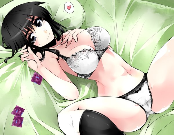 Anime picture 1800x1400 with original cosaten (artist) long hair highres breasts light erotic black hair lying black eyes spread legs underwear only girl navel underwear panties socks black socks condom