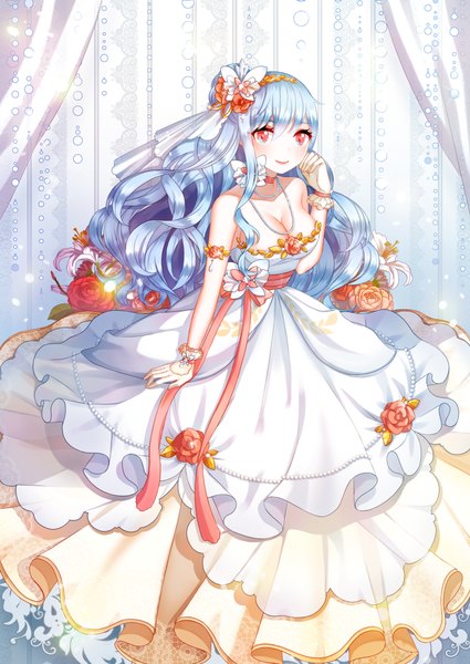 Anime picture 1000x1411 with original ming (applem7) single long hair tall image looking at viewer blush smile red eyes blue hair girl dress hair ornament flower (flowers)