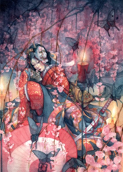 Anime picture 1426x2000 with original shuka (artist) single long hair tall image black hair japanese clothes horn (horns) lips black eyes cherry blossoms mask on head girl sword kimono katana insect butterfly umbrella mask