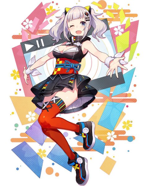 Anime picture 1080x1349 with virtual youtuber the moon studio kaguya luna mika pikazo single tall image looking at viewer blush fringe short hair breasts open mouth smile white background twintails bare shoulders payot cleavage silver hair full body