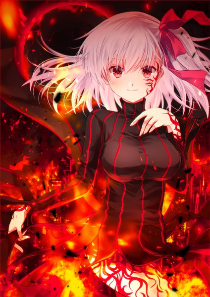 Anime picture 1000x1414 with fate (series) fate/stay night matou sakura dark sakura iroha (shiki) single long hair tall image looking at viewer fringe hair between eyes red eyes silver hair light smile tattoo floating hair hand on chest dark persona girl ribbon (ribbons)