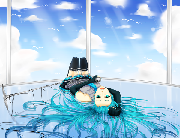 Anime picture 3000x2300 with vocaloid hatsune miku tagme (artist) looking at viewer highres open mouth twintails holding sky cloud (clouds) lying very long hair aqua eyes aqua hair girl thighhighs skirt gloves black thighhighs detached sleeves
