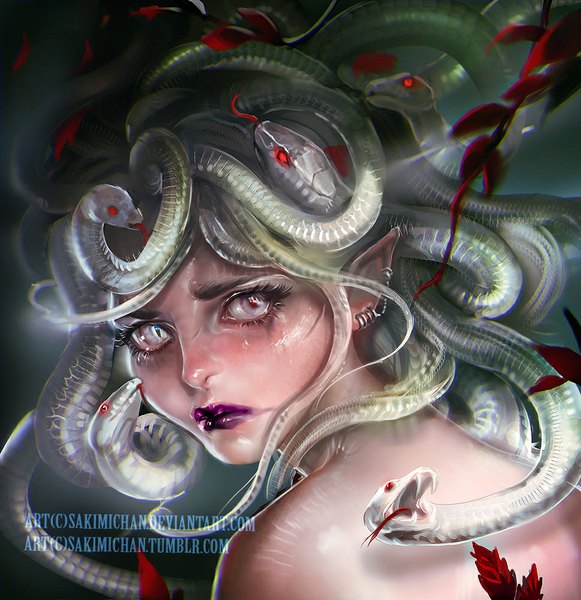Anime picture 969x1000 with sakimichan single tall image open mouth blue eyes red eyes signed pointy ears realistic grey eyes lipstick heterochromia watermark snake hair girl earrings animal tongue snake