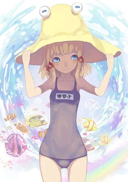 Anime picture 827x1169 with touhou moriya suwako madyy single tall image blush short hair blue eyes blonde hair smile looking away girl swimsuit hat one-piece swimsuit fish (fishes) school swimsuit