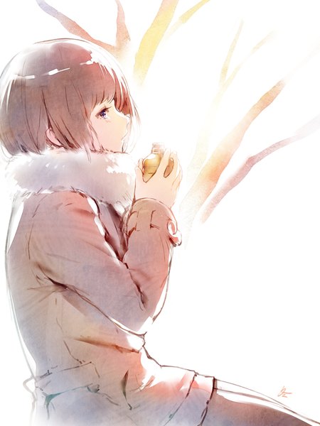 Anime picture 723x964 with original yuranpo single tall image looking at viewer fringe short hair brown hair sitting purple eyes profile sunlight bare tree girl plant (plants) tree (trees) jacket fur drink sun