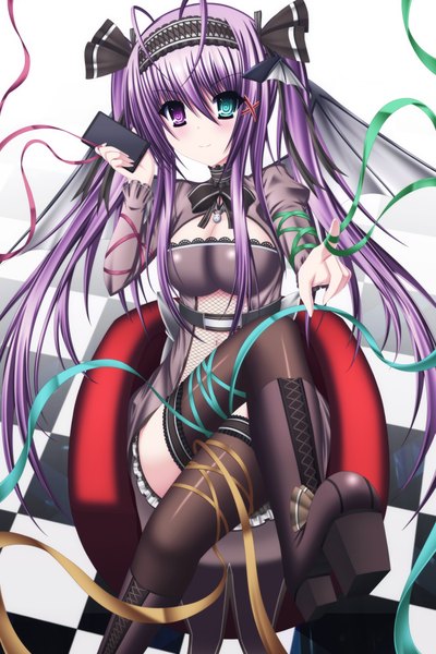 Anime picture 3000x4500 with toyokawa itsuki (p mayuhime) single long hair tall image blush highres purple hair light smile heterochromia girl thighhighs black thighhighs boots