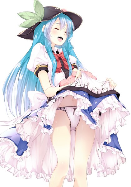 Anime picture 702x1000 with touhou hinanawi tenshi subachi single long hair tall image blush open mouth light erotic simple background smile standing white background blue hair eyes closed skirt lift girl dress skirt navel