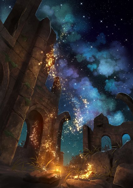 Anime picture 707x1000 with original rien. tall image night sparkle night sky light no people scenic ruins milky way plant (plants) insect star (stars) grass lantern stone (stones) fireflies arch