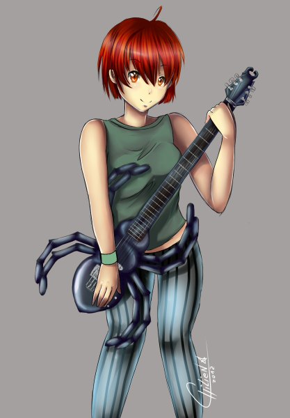 Anime picture 834x1200 with original chilienn (artist) single tall image looking at viewer short hair simple background red eyes bare shoulders red hair grey background girl guitar