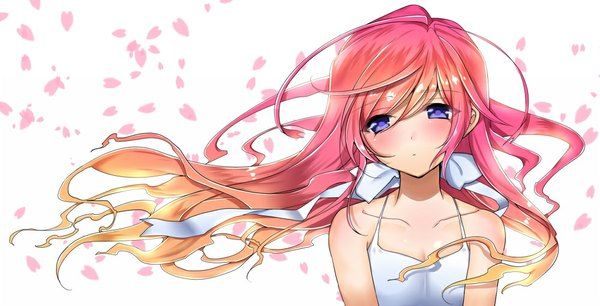 Anime picture 1000x510 with original matarou (genkai toppa) single long hair looking at viewer blush blue eyes blonde hair simple background wide image white background bare shoulders pink hair multicolored hair wind two-tone hair girl dress bow hair bow