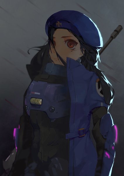 Anime picture 2480x3508 with overwatch blizzard entertainment ana (overwatch) captain amari ika chan single long hair tall image fringe highres black hair simple background hair between eyes red eyes grey background tattoo facial mark alternate age military younger