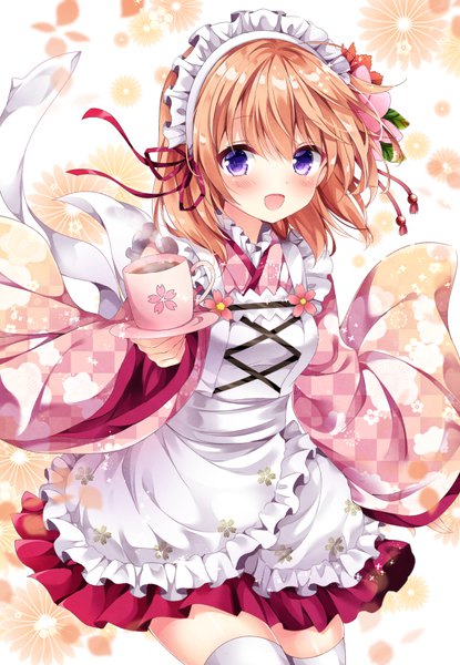 Anime picture 600x866 with gochuumon wa usagi desu ka? white fox hoto cocoa nogi takayoshi single tall image looking at viewer short hair purple eyes holding traditional clothes orange hair wide sleeves maid zettai ryouiki outstretched arm floral print steam wa maid girl