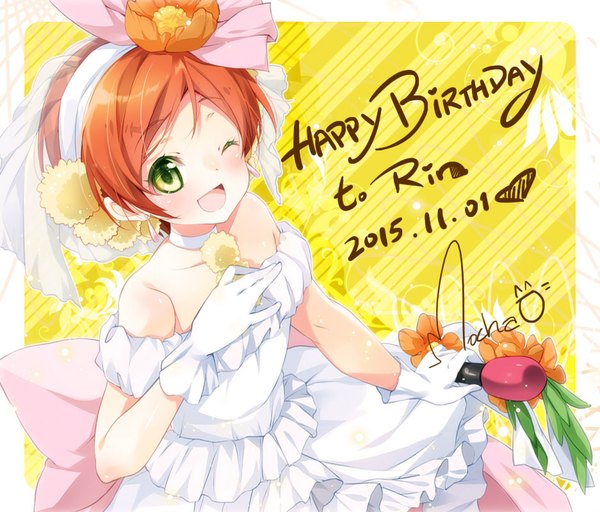 Anime picture 937x800 with love live! school idol project sunrise (studio) love live! hoshizora rin mocha (naturefour) single blush short hair open mouth bare shoulders green eyes signed looking away one eye closed from above wink orange hair character names border dated