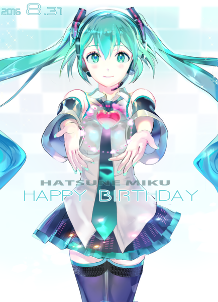 Anime picture 723x1000 with vocaloid hatsune miku 119 single long hair tall image looking at viewer blush fringe hair between eyes aqua eyes light smile aqua hair zettai ryouiki character names outstretched arm dated happy birthday girl detached sleeves