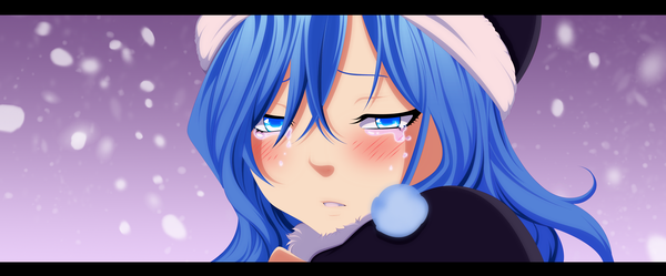 Anime picture 2879x1199 with fairy tail juvia lockser dartroberth single long hair blush highres blue eyes wide image blue hair tears coloring snowing close-up face girl fur cap winter clothes