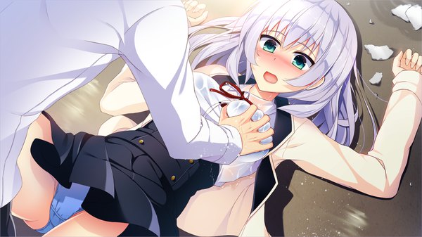 Anime picture 1600x900 with goshujin-sama, maid fuku o nugasanaide. ikuyama karen blush short hair breasts open mouth blue eyes light erotic wide image game cg silver hair breast grab girl uniform underwear panties school uniform