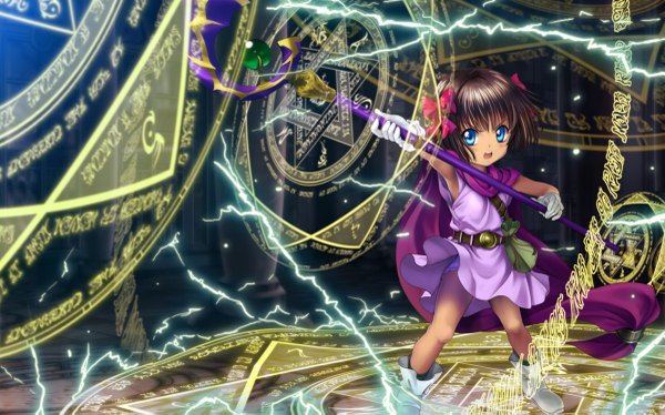 Anime picture 1200x749 with dragon quest dragon quest v mutsuki (moonknives) blush short hair open mouth blue eyes brown hair wide image pantyshot magic gloves bow ribbon (ribbons) hair bow boots cape staff magic circle deborah's daughter