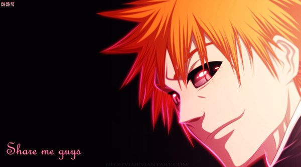 Anime picture 2838x1584 with bleach studio pierrot kurosaki ichigo deohvi single highres short hair smile wide image pink eyes orange hair inscription coloring black background close-up face boy