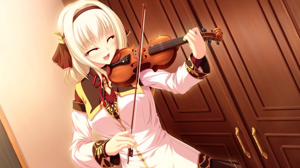 Anime picture 1920x1080 with ryuuyoku no melodia cynthia orlando tenmaso blush highres short hair open mouth wide image game cg white hair eyes closed girl uniform school uniform hairband violin bow (instrument)
