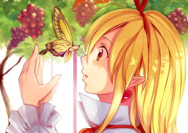 Anime picture 1697x1200 with original kamome yuu single long hair blush blonde hair red eyes profile pointy ears arms up girl dress food hairband insect butterfly fruit berry (berries) grapes