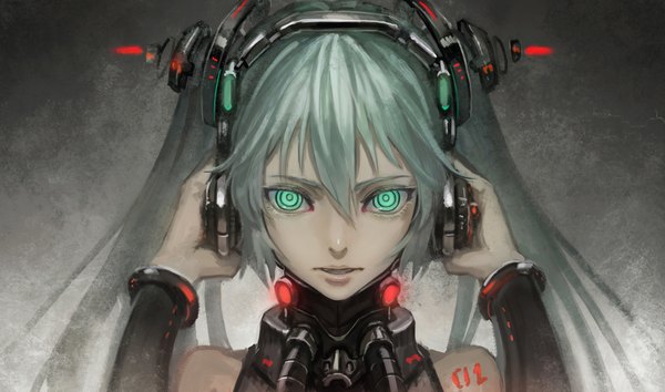 Anime picture 2000x1182 with vocaloid hatsune miku bryanth single long hair looking at viewer fringe highres open mouth simple background wide image twintails bare shoulders aqua eyes aqua hair grey background tattoo close-up hand on headphones girl