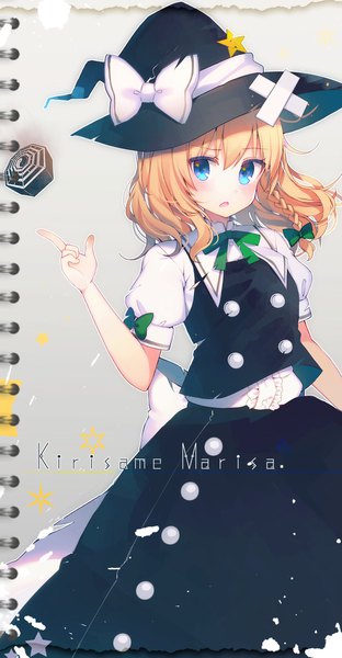 Anime picture 1050x2016 with touhou kirisame marisa koto seori single long hair tall image looking at viewer blush fringe open mouth blue eyes blonde hair hair between eyes braid (braids) grey background :o puffy sleeves character names single braid >:o