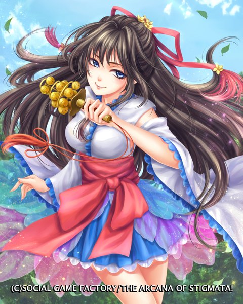 Anime picture 1600x2000 with original syrinxwell311 single long hair tall image looking at viewer blue eyes black hair smile girl dress ribbon (ribbons) hair ribbon detached sleeves leaf (leaves) bell