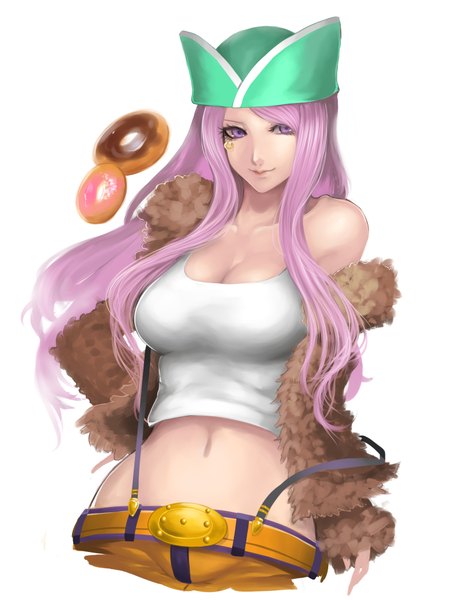 Anime picture 1500x2000 with one piece toei animation jewelry bonnie kumiko shiba single long hair tall image simple background smile white background purple eyes looking away pink hair bare belly hand on hip piercing girl navel hat food