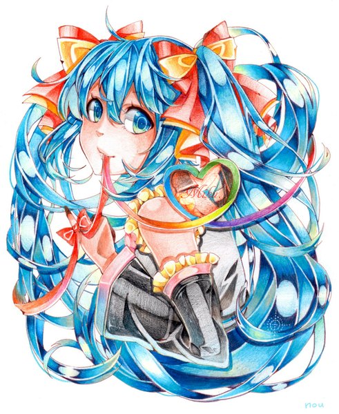 Anime picture 1500x1833 with vocaloid hatsune miku nou single long hair tall image looking at viewer blue eyes simple background smile white background twintails bare shoulders signed blue hair heart of string girl ribbon (ribbons) hair ribbon detached sleeves