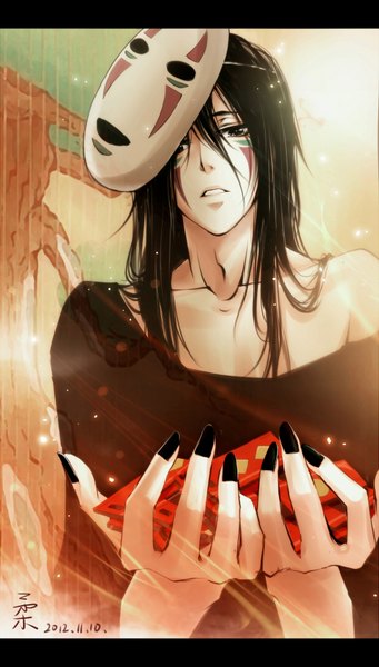Anime picture 1000x1756 with spirited away studio ghibli no face (spirited away) see (ruru go) single long hair tall image looking at viewer black hair signed nail polish black eyes letterboxed black nail polish mask on head face paint sad boy mask fireflies