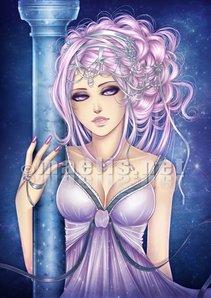 Anime picture 636x900 with m-aelis single long hair tall image breasts purple eyes looking away pink hair lips sleeveless girl nightie